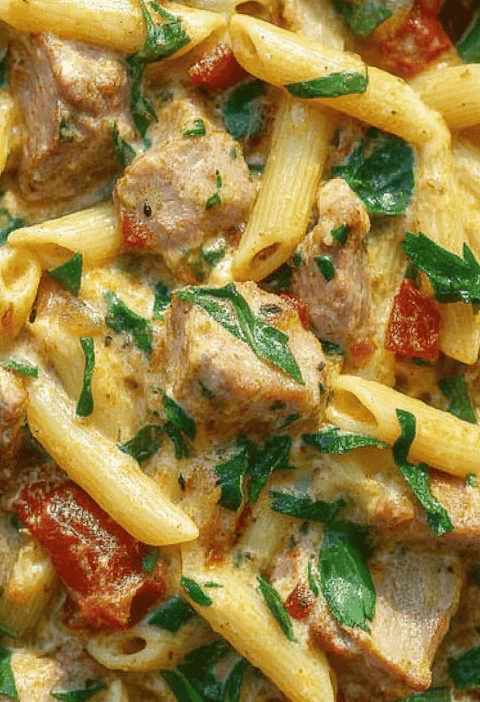 Creamy Tuscan Pork Pasta Skillet
