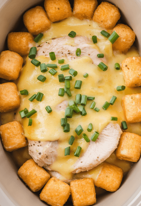 Crockpot Cheesy Chicken Tater Tot Casserole