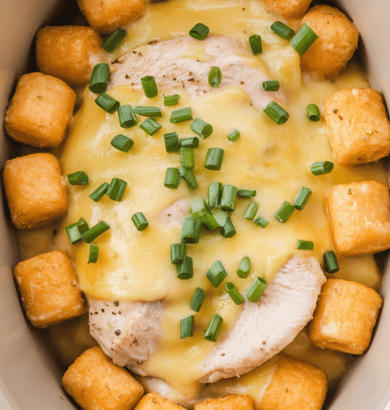 Crockpot Cheesy Chicken Tater Tot Casserole